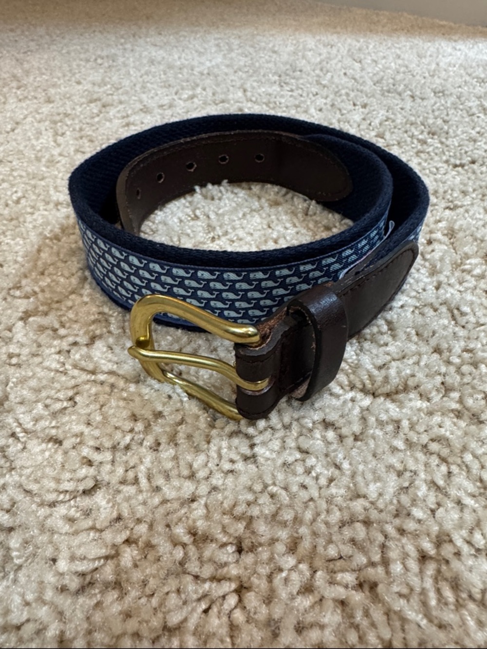 Vineyard Vines Boys Whale Patterned Canvas & Brown Leather Belt